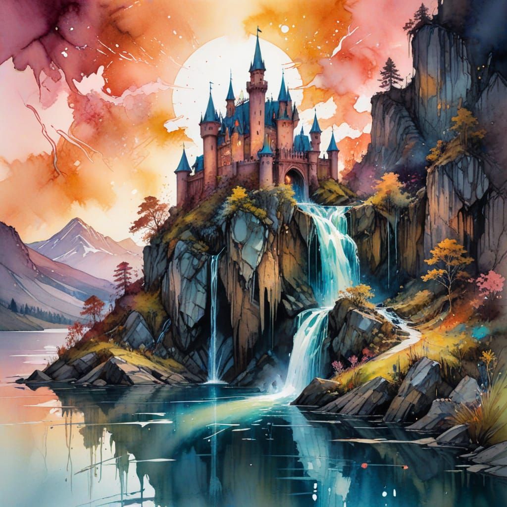 Enchanted Sunset Castle Amidst Waterfall and Lake