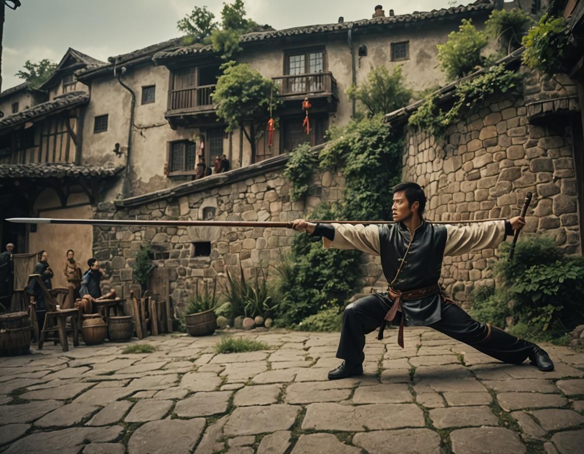Medieval Townsman with Staff-Spear in Cinematic Style