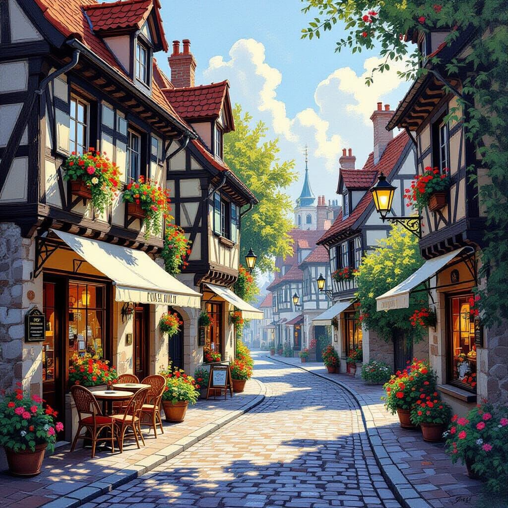 Charming European Village Street in Impasto Gouache Style