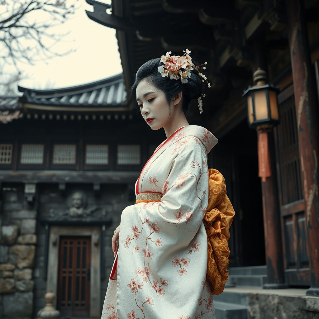 Geisha Mourning at Ancient Temple, Ukiyo-e Style