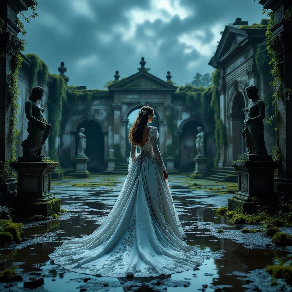 Rain-Soaked Princess in Abandoned Courtyard