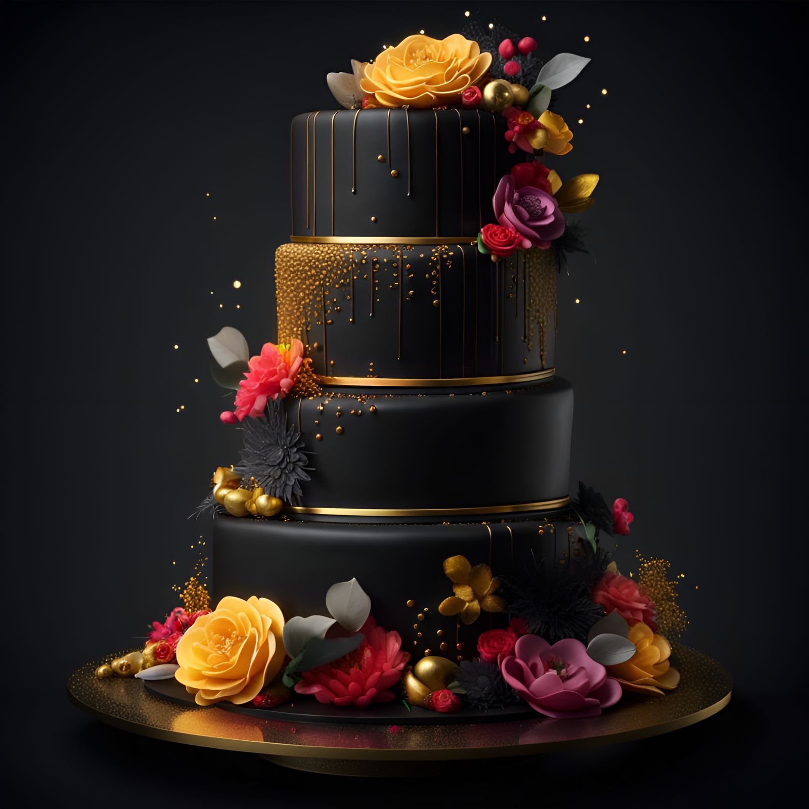 Dramatic Black Wedding Cake with Golden Details