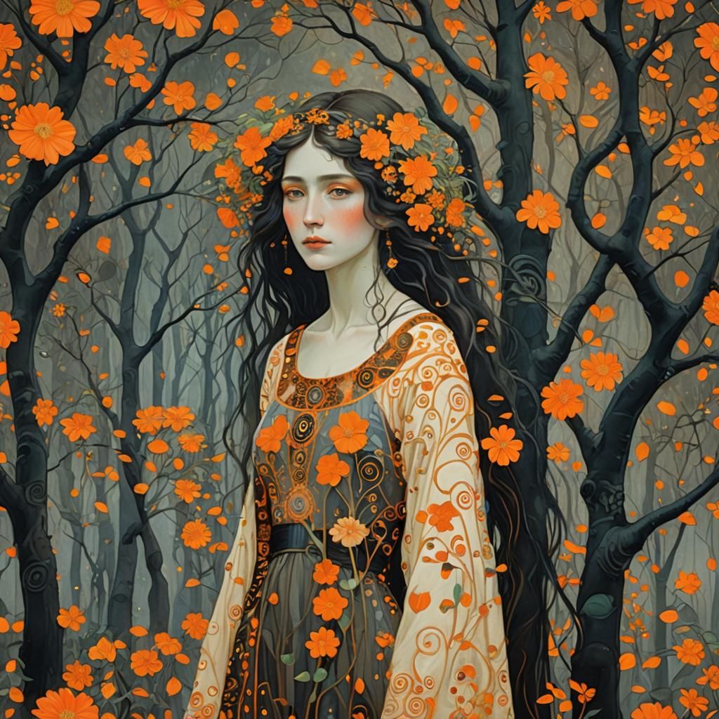 Woman with Orange Flowers: Klimt-Inspired Fantasy Art