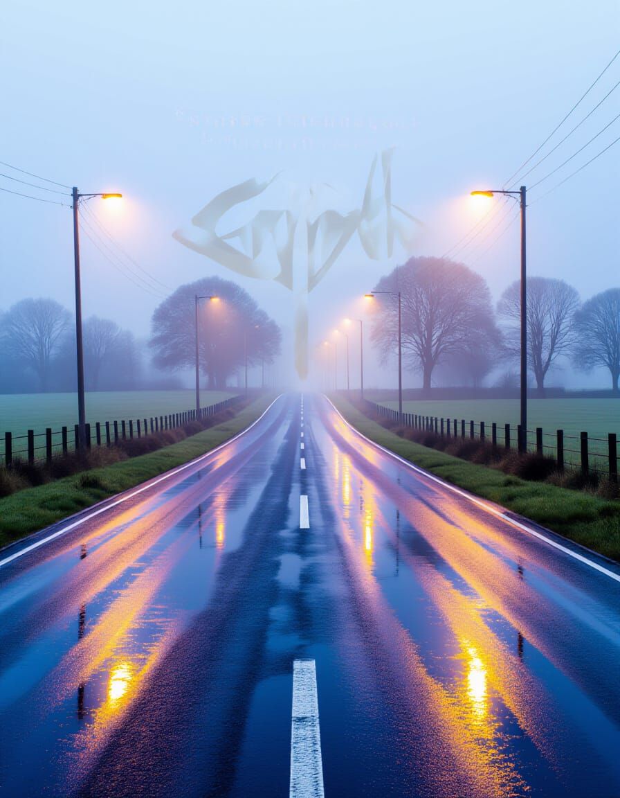 Misty Evening Road Reflects Golden Light