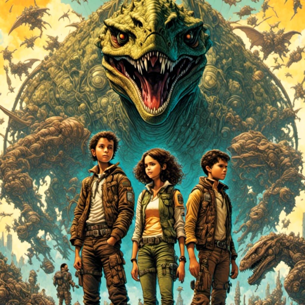 Teenagers and Alien Dinosaur in Science Fiction Battle