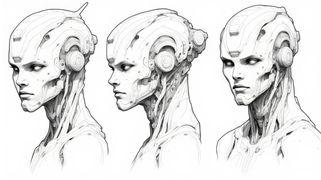 Female Cyborg Head Concept Sketches in Watercolor