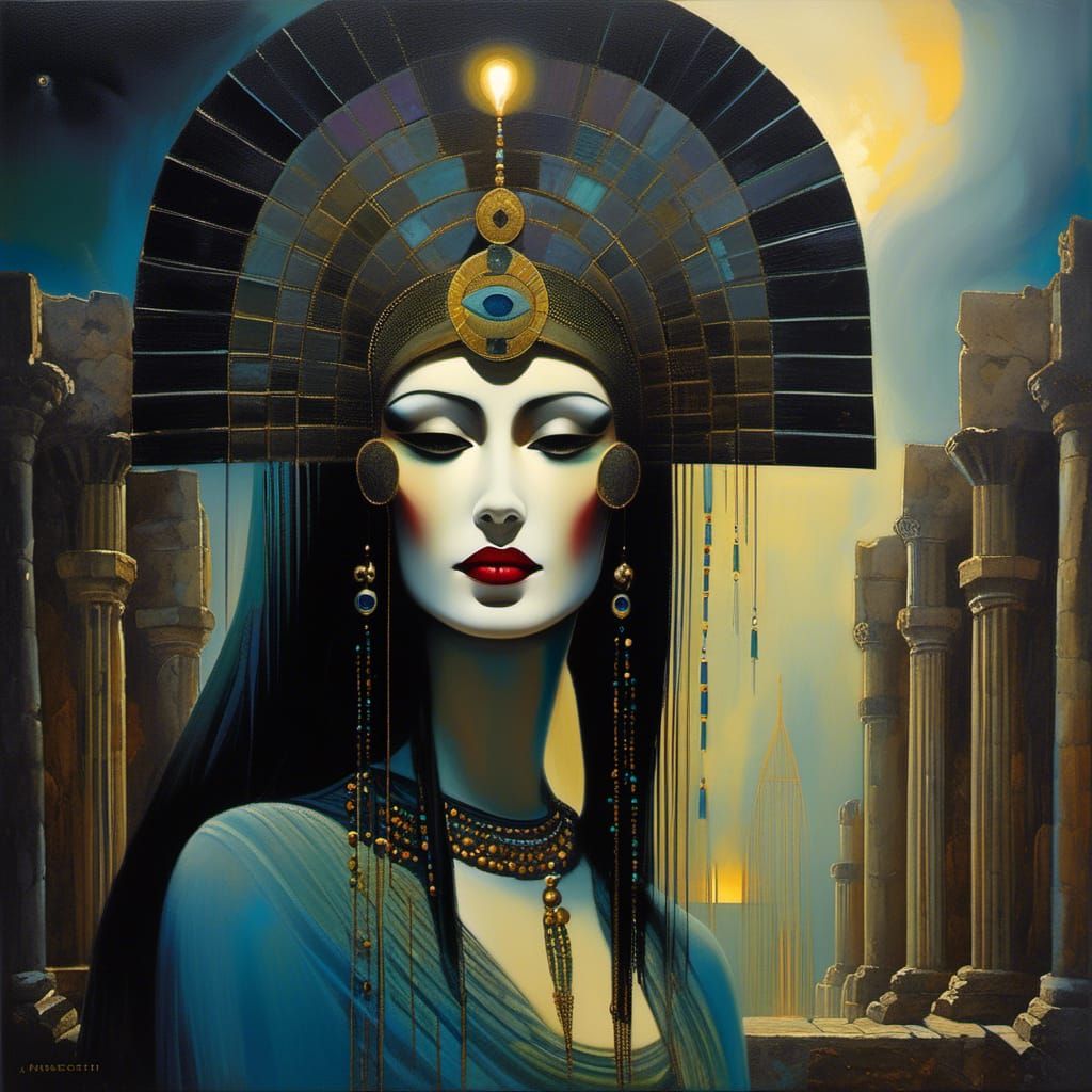 Surreal Woman in Arcane Mask at Ruined Temple