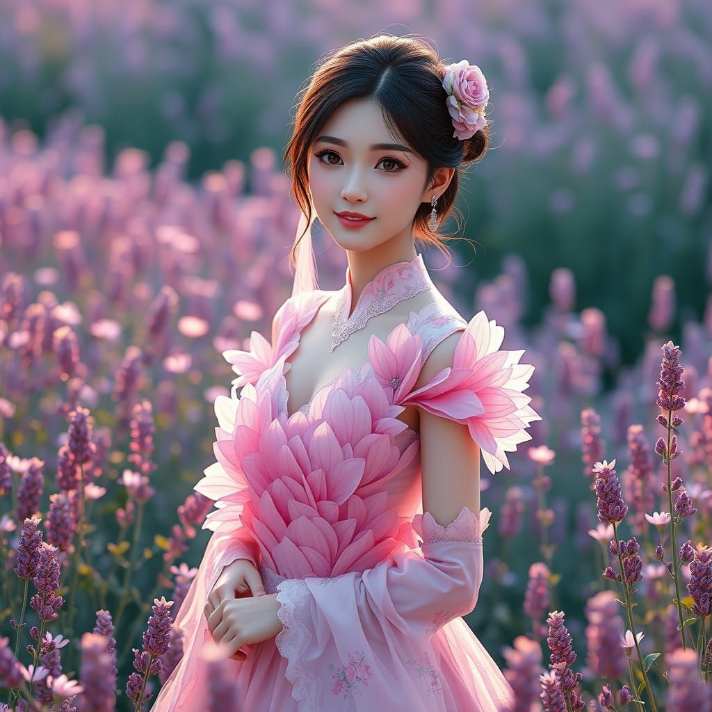 Ethereal Asian Goddess Surrounded by Lavender Blooms in Vibr...
