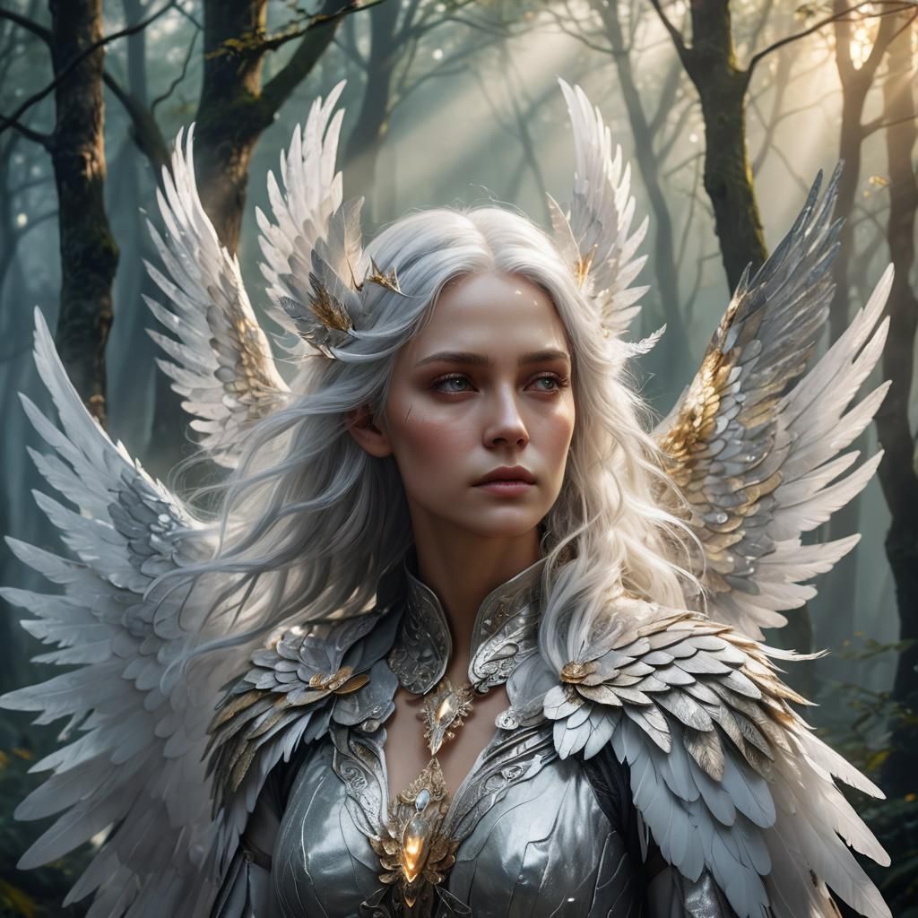 Ethereal Silver Haired Figure with Wings in Forest
