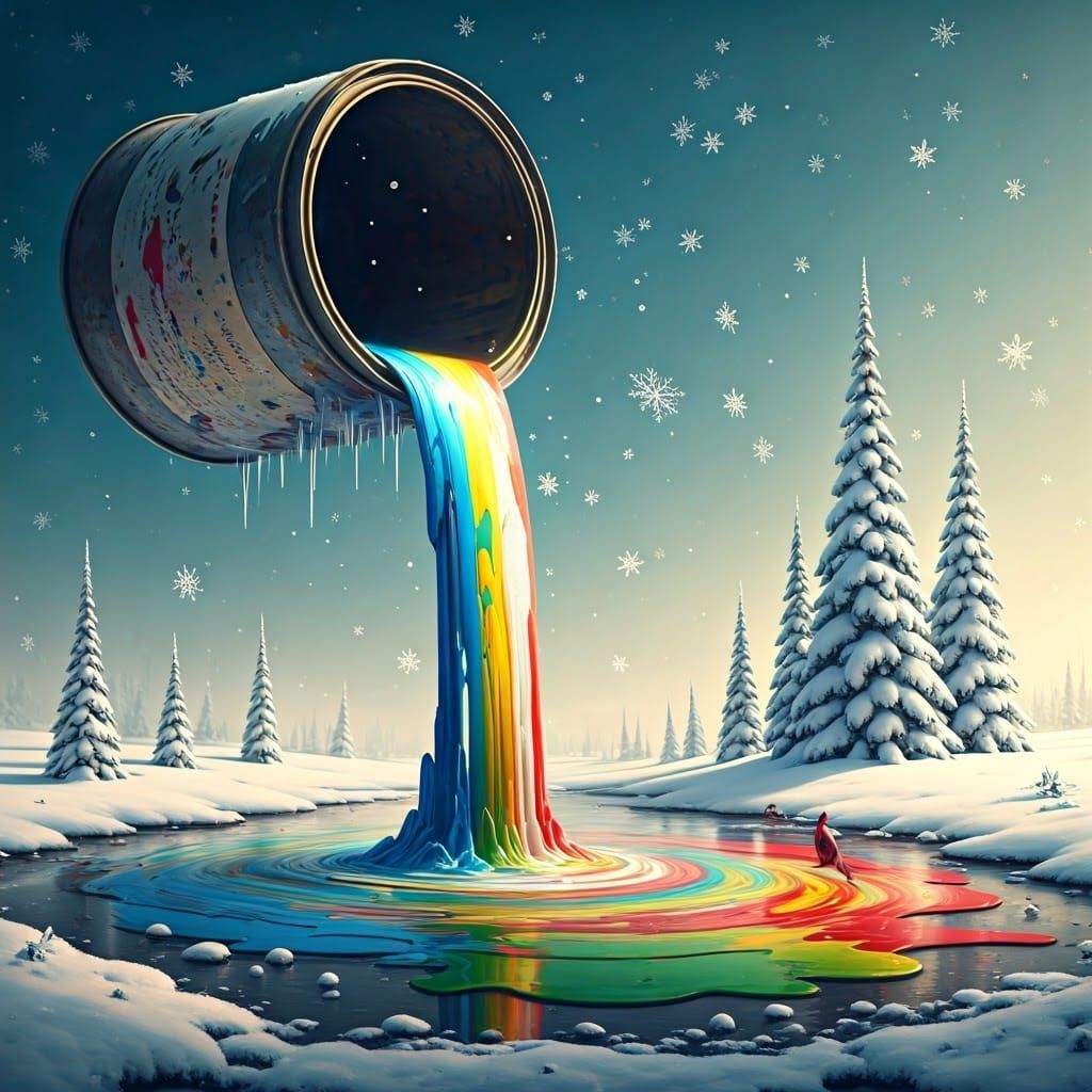 A collosal, old, weathered paint can is pouring a large pudd...