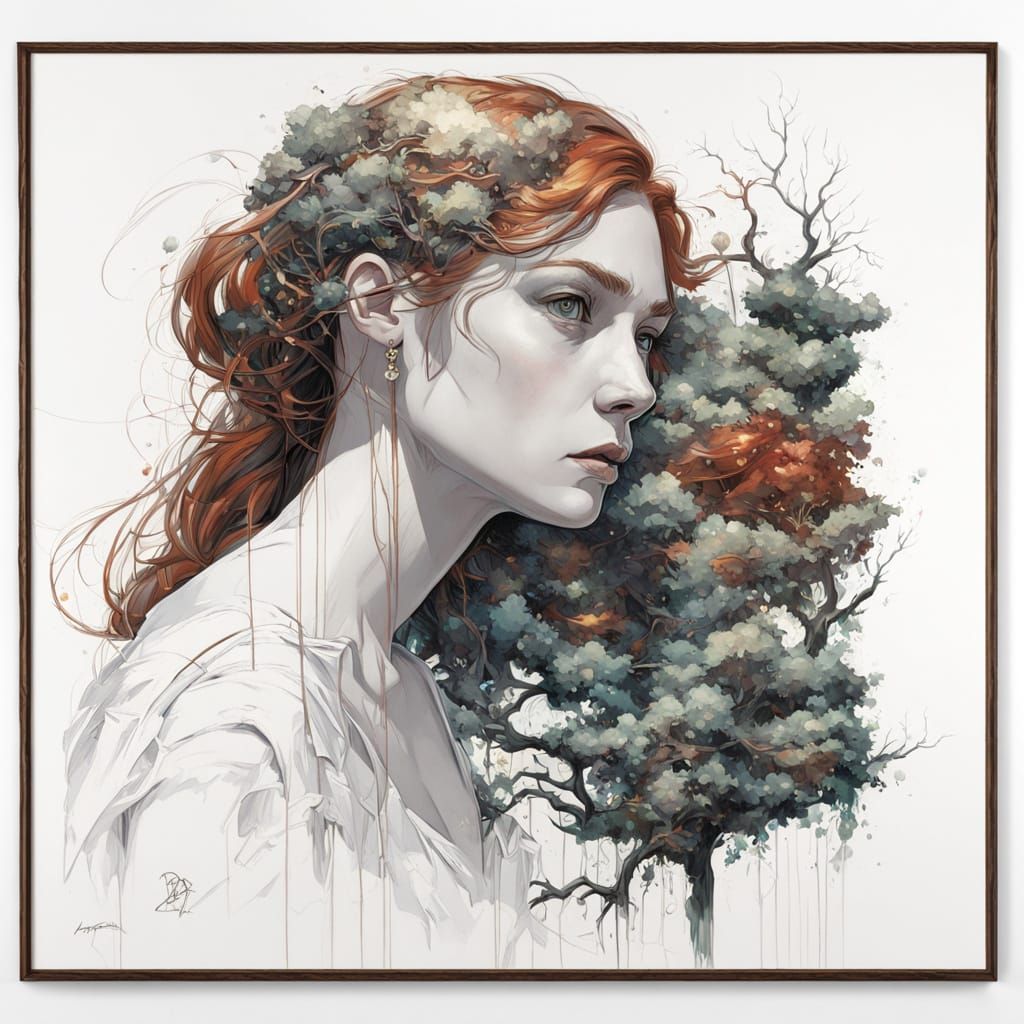 Surrealist Woman with Red Hair in Dream Garden