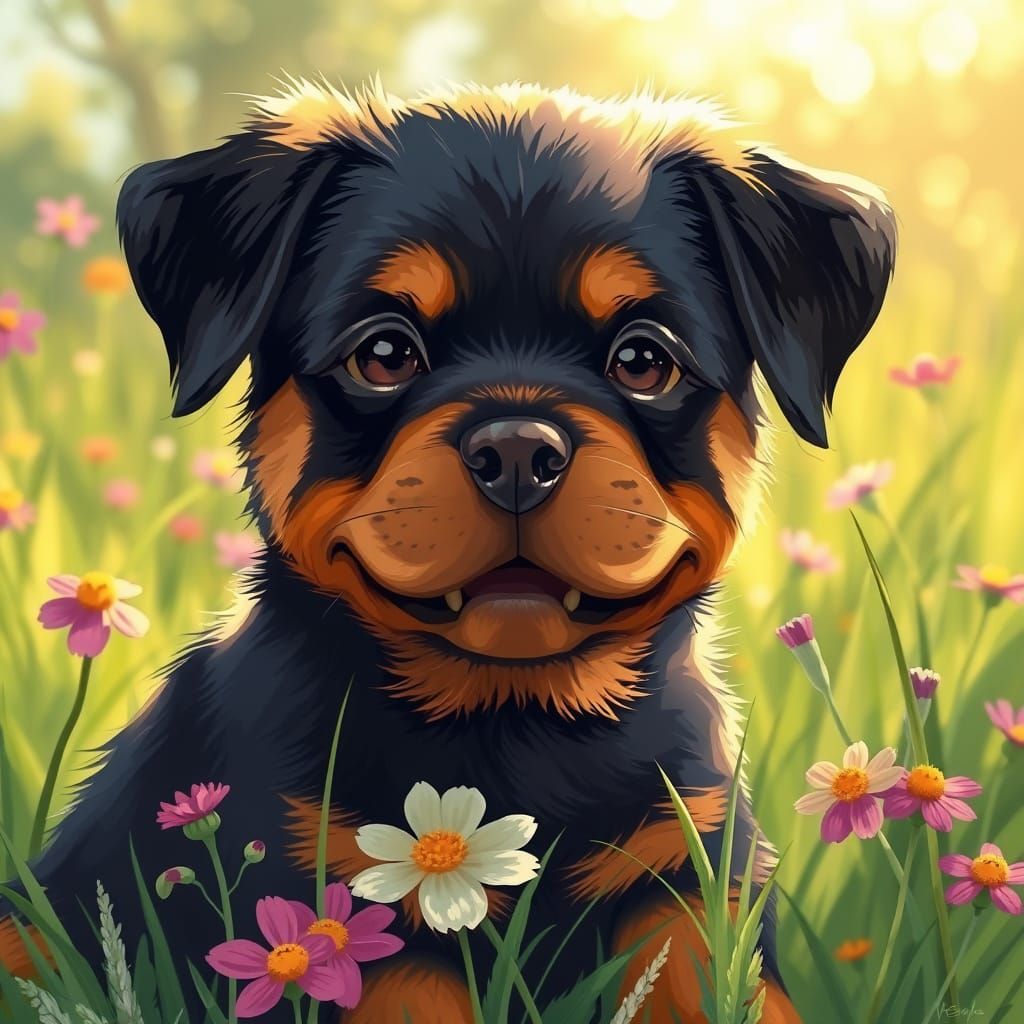 Adorable Rottweiler Puppy in a Whimsical Meadow Scene