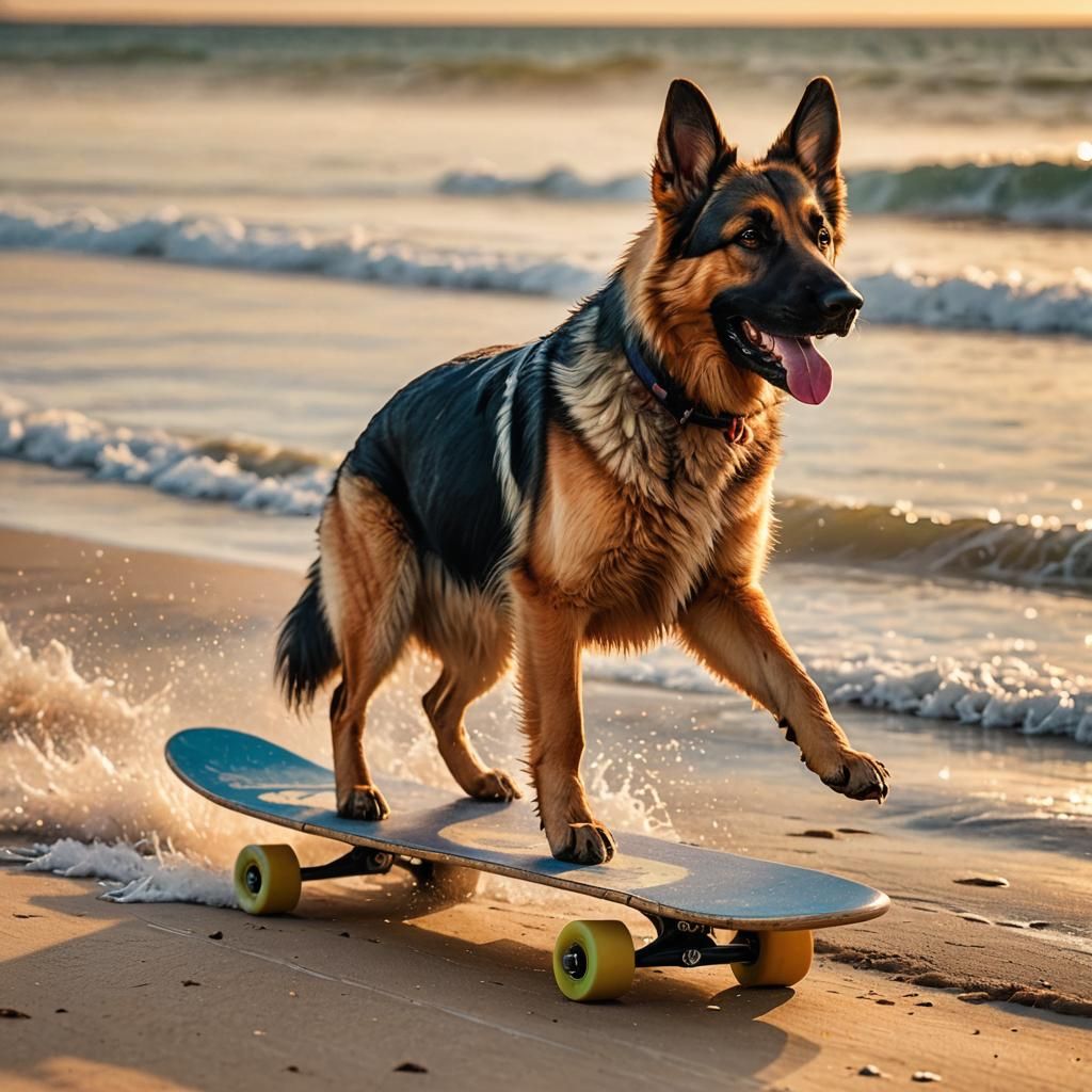 German Shepherd Rides Skateboard on Sunny Beach