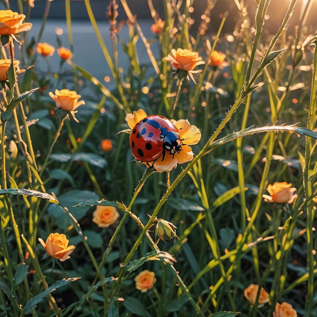 Ladybug Climbing Grass Blade in Hyper-Realistic Style