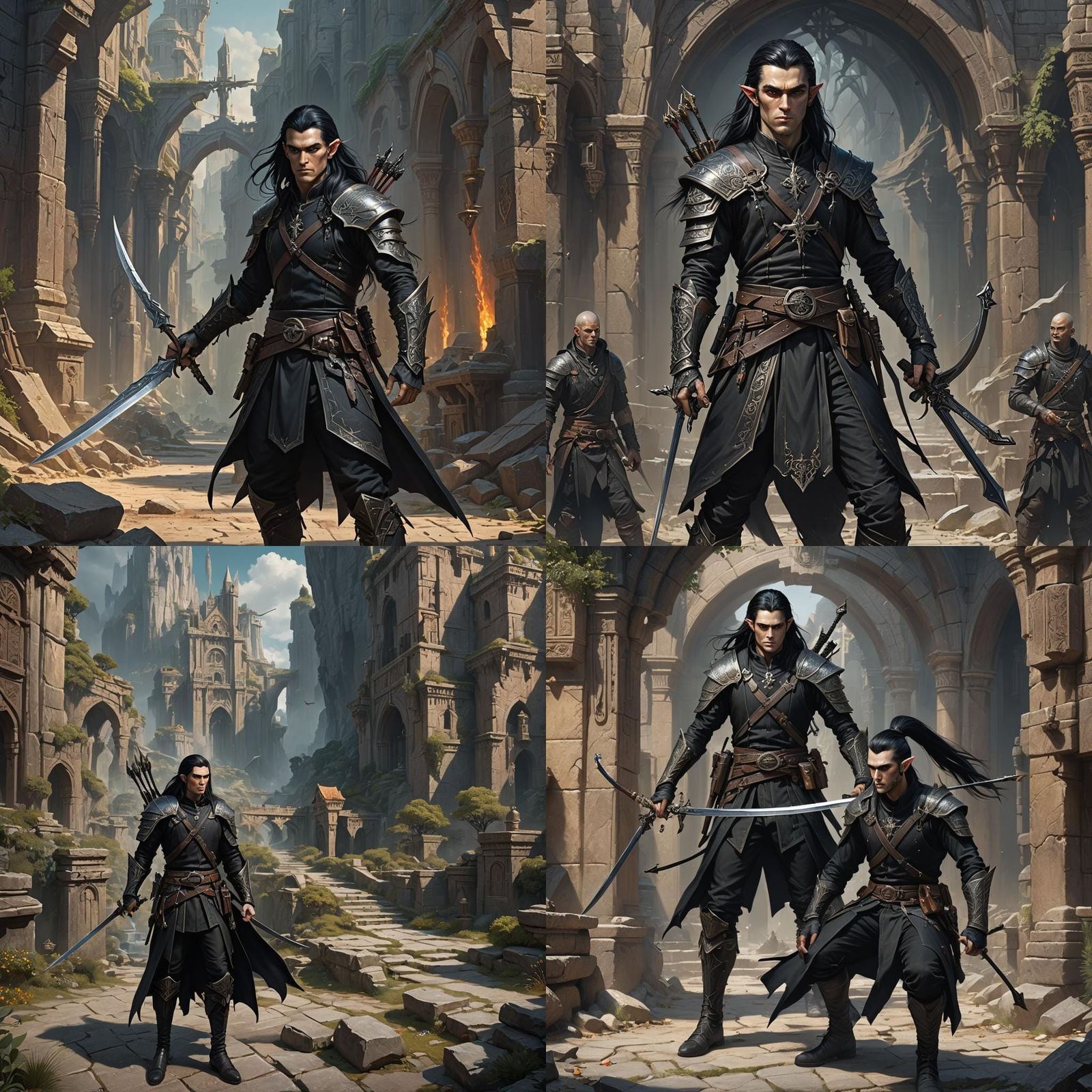 Shadow Elf Artificer with Crossbows, Detailed Matte Painting