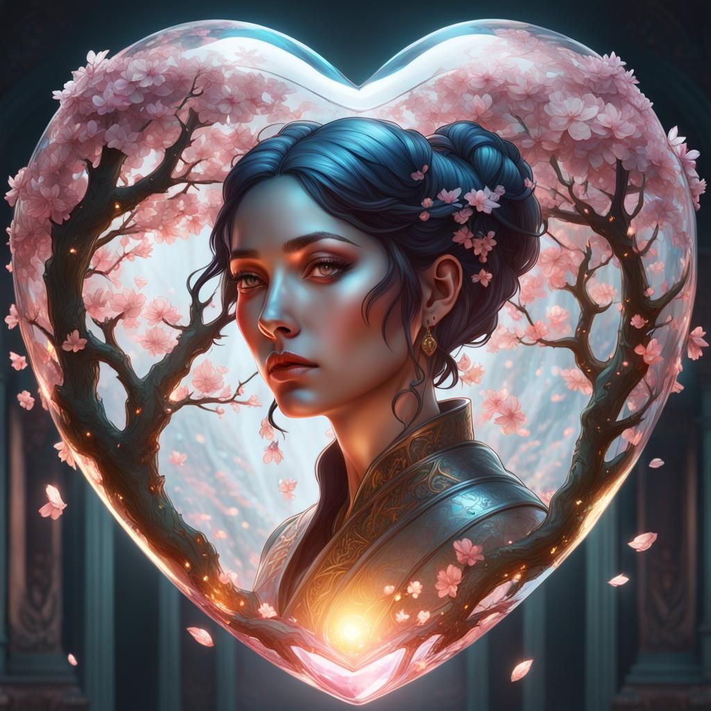 Blossom Tree in Crystal Heart: Hyperdetailed Art