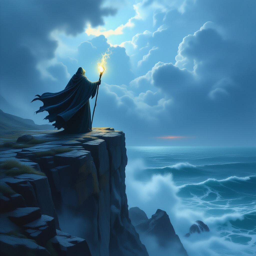 Wizard on Cliff Overlooking Stormy Sea in Digital Painting S...