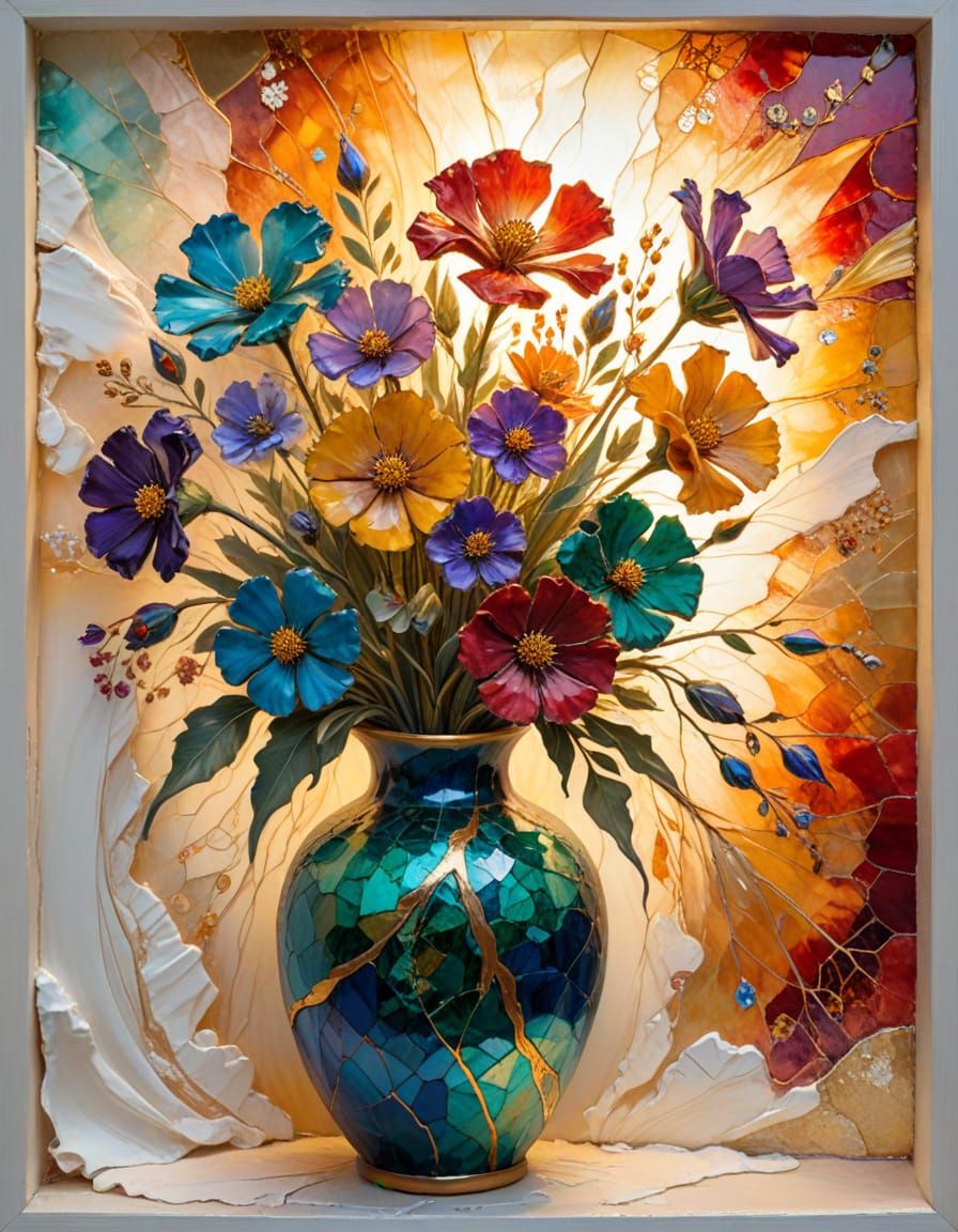 Kintsugi Vase with Sunrise in Encaustic Impasto