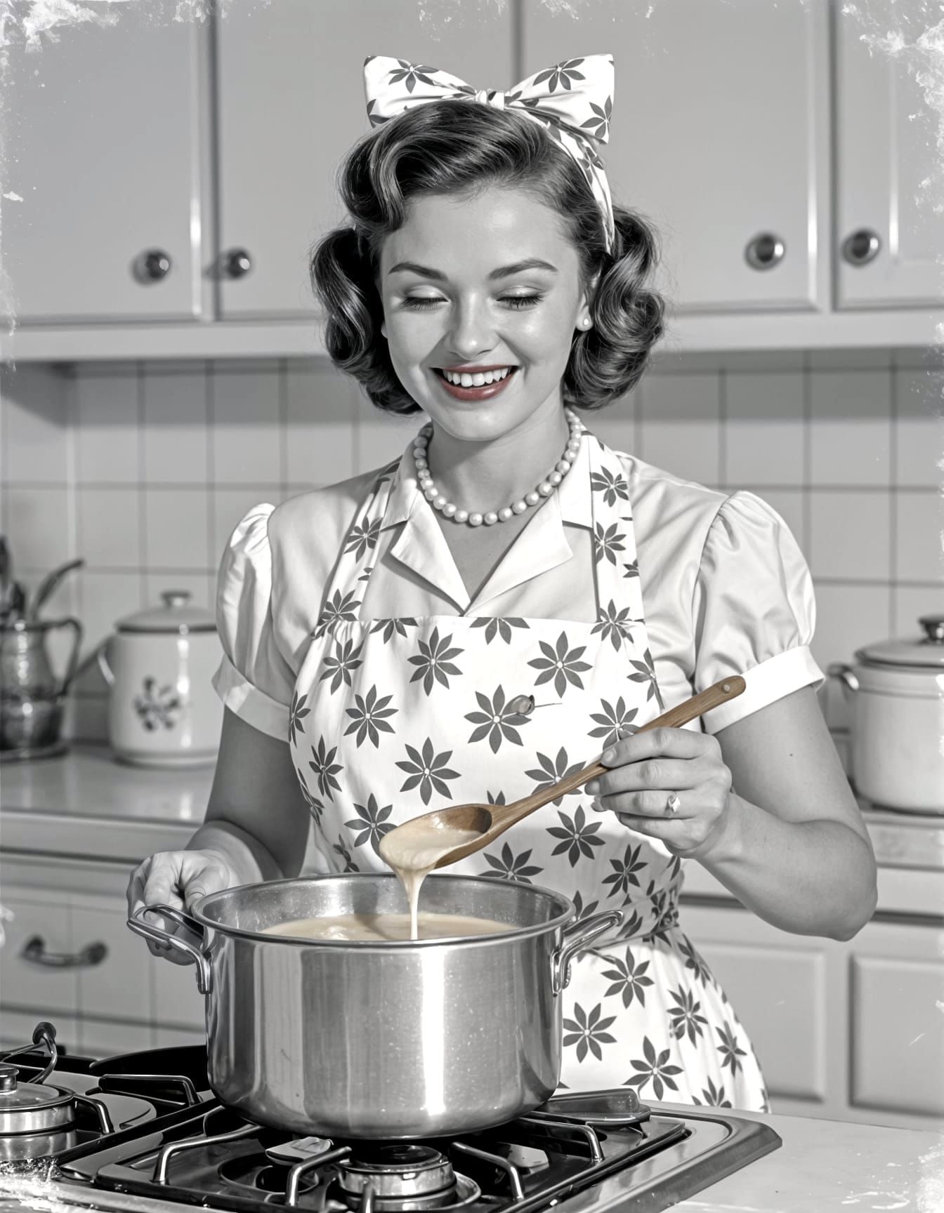 1950s Housewife Cooking: Vintage Black and White Photo