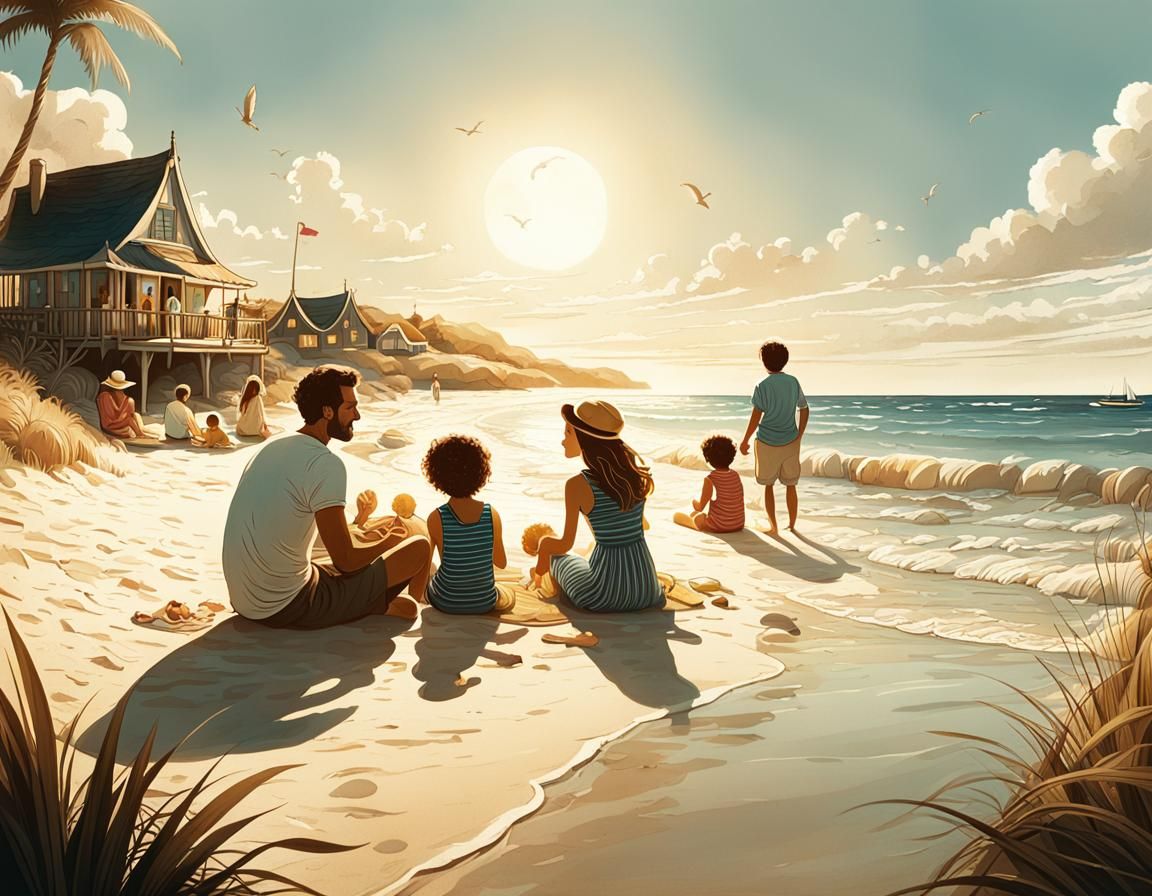 Whimsical Family Beach Scene in Warm, Golden Light