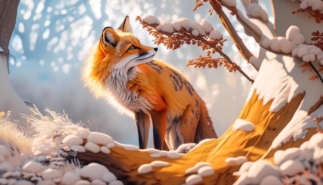 Fox Emerging from Tree Stump in Impressionist Style