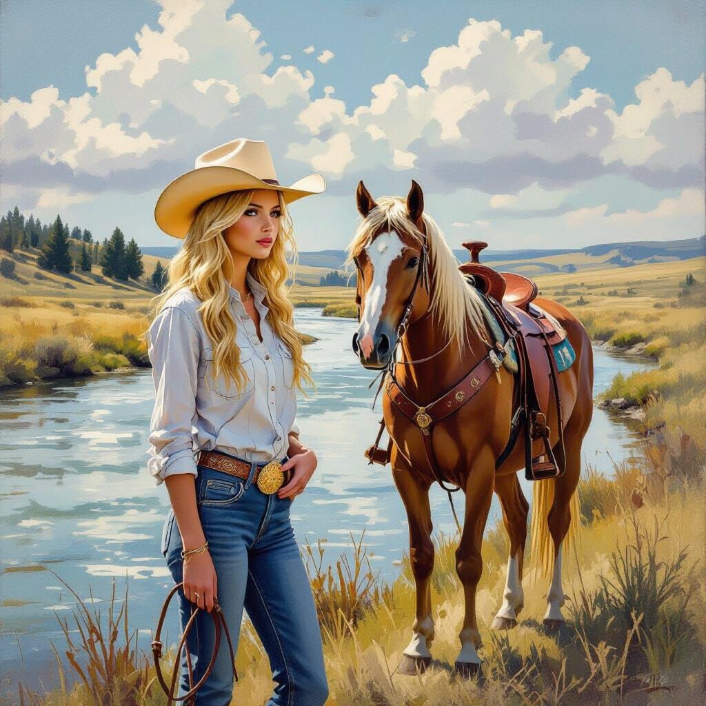 Blonde Cowgirl and Palomino Horse by River on Montana Prairi...