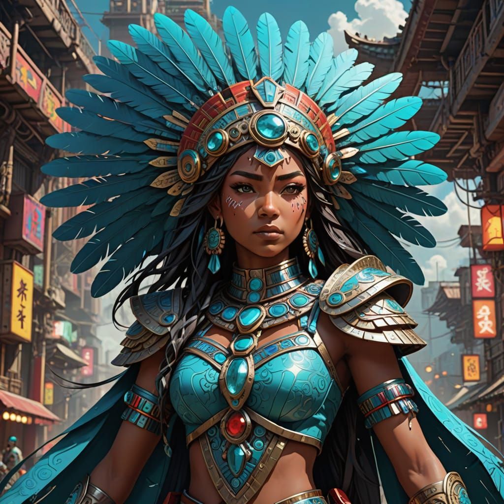 Majestic Aztec Princess in Anime-Inspired Regalia