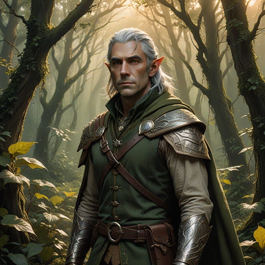 Half Elf Druid in Misty Forest, in Earthy Impressionist Styl...