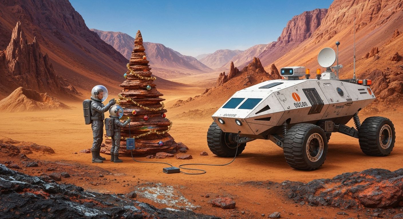 Retro-Futuristic Mars Christmas Decoration in 80s Cinema Sty...