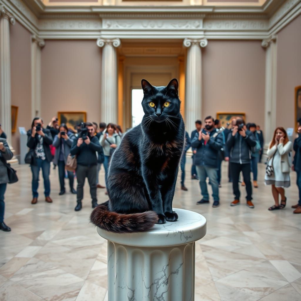 Hyperrealistic Black Cat on Marble Pillar