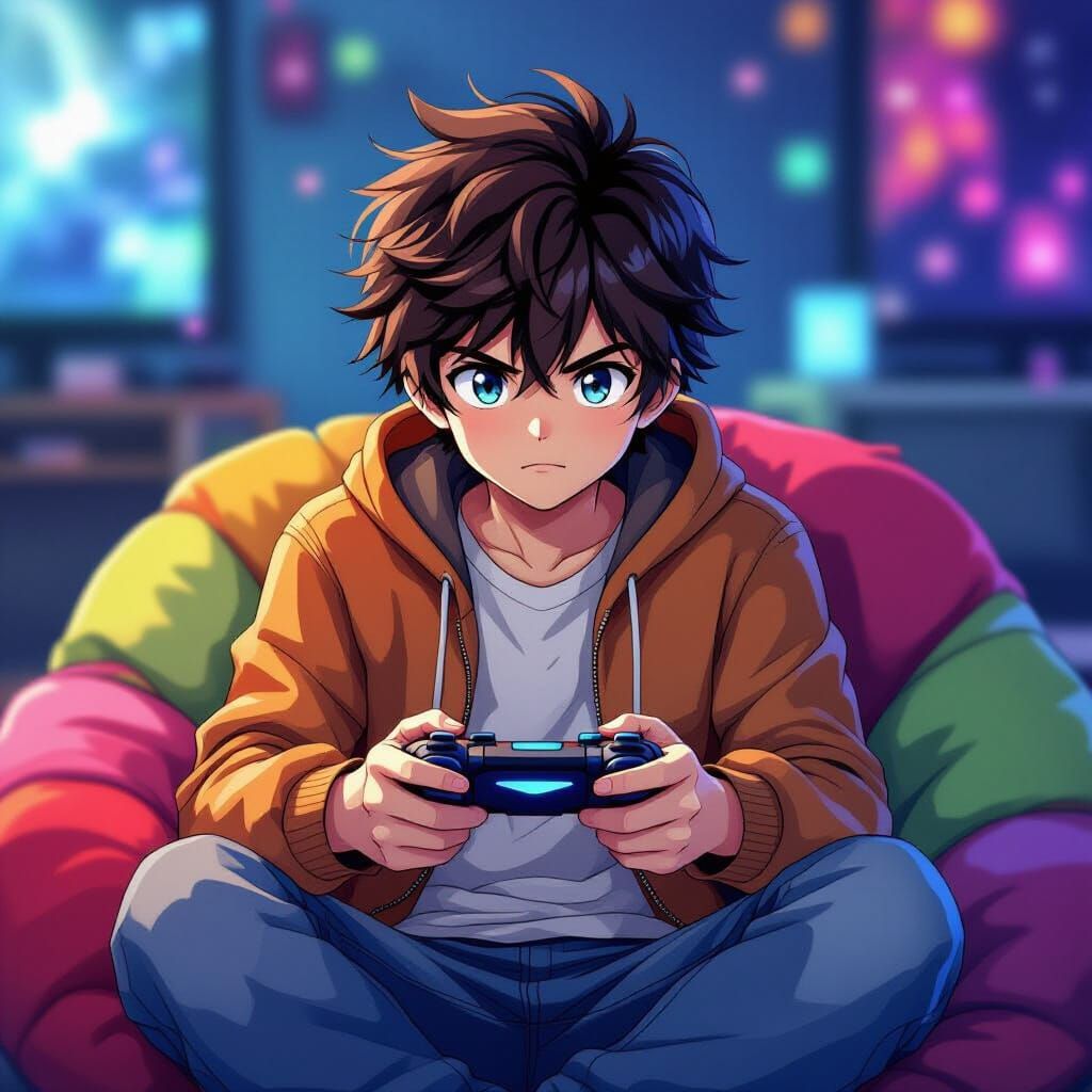 Anime Boy Gaming with Pixel Vibe Background