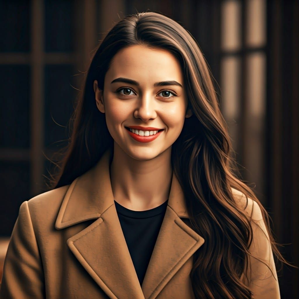 Cinematic Portrait of Smiling Woman in Beige Coat
