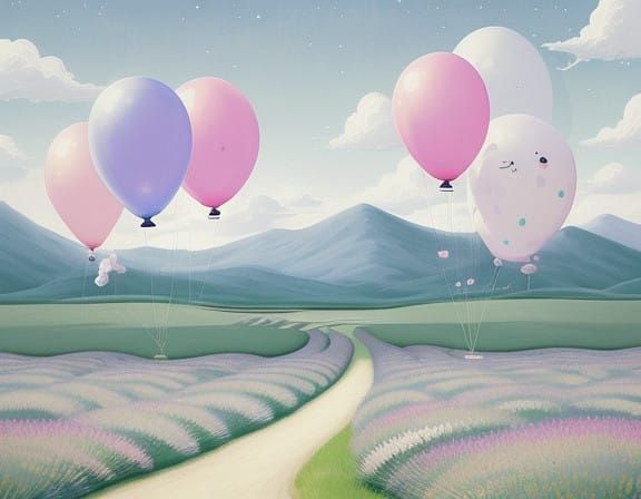 Whimsical Balloons in Soft Pastels Amidst Fluffy Clouds