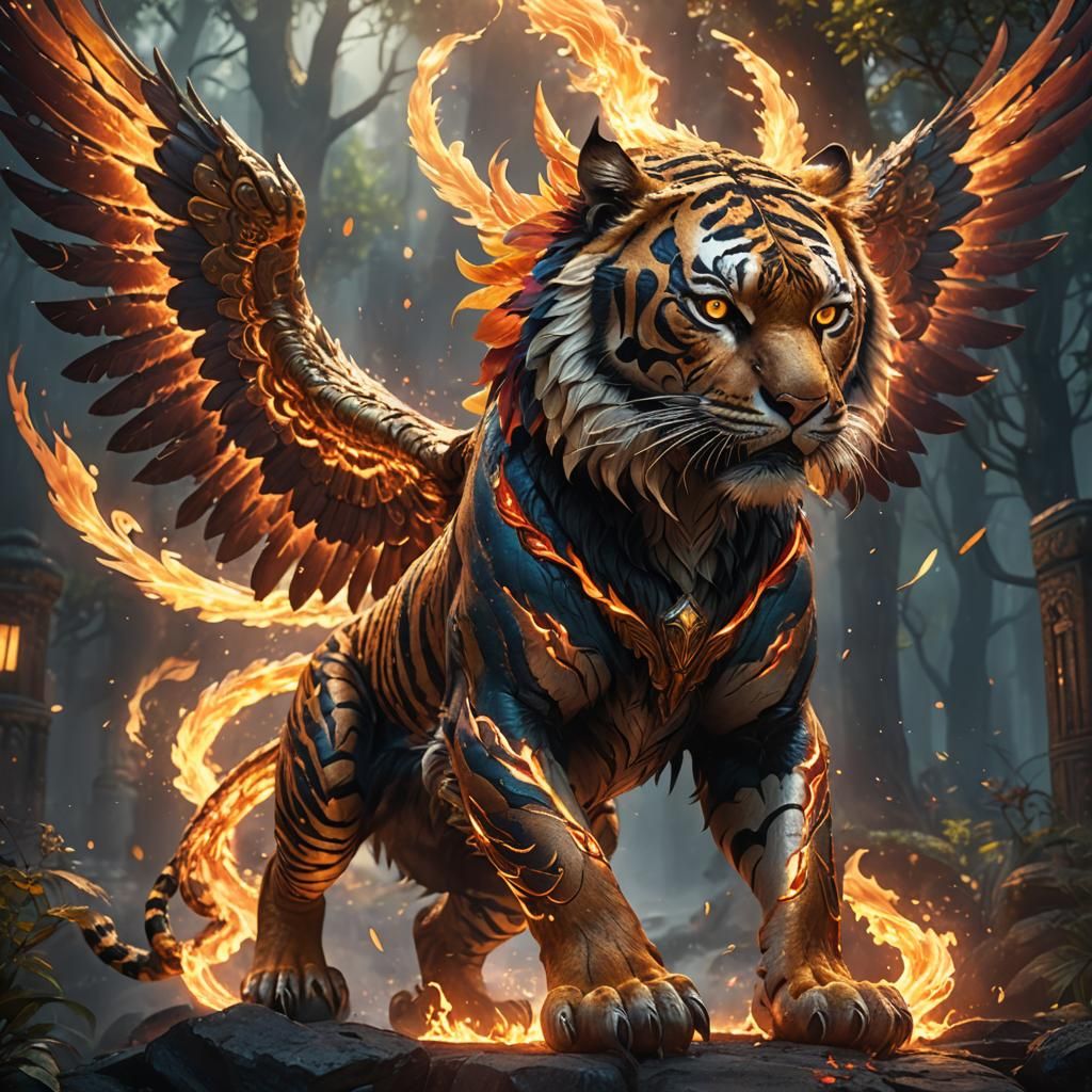 Tiger-Phoenix Hybrid with Flaming Wings in Mystic Light