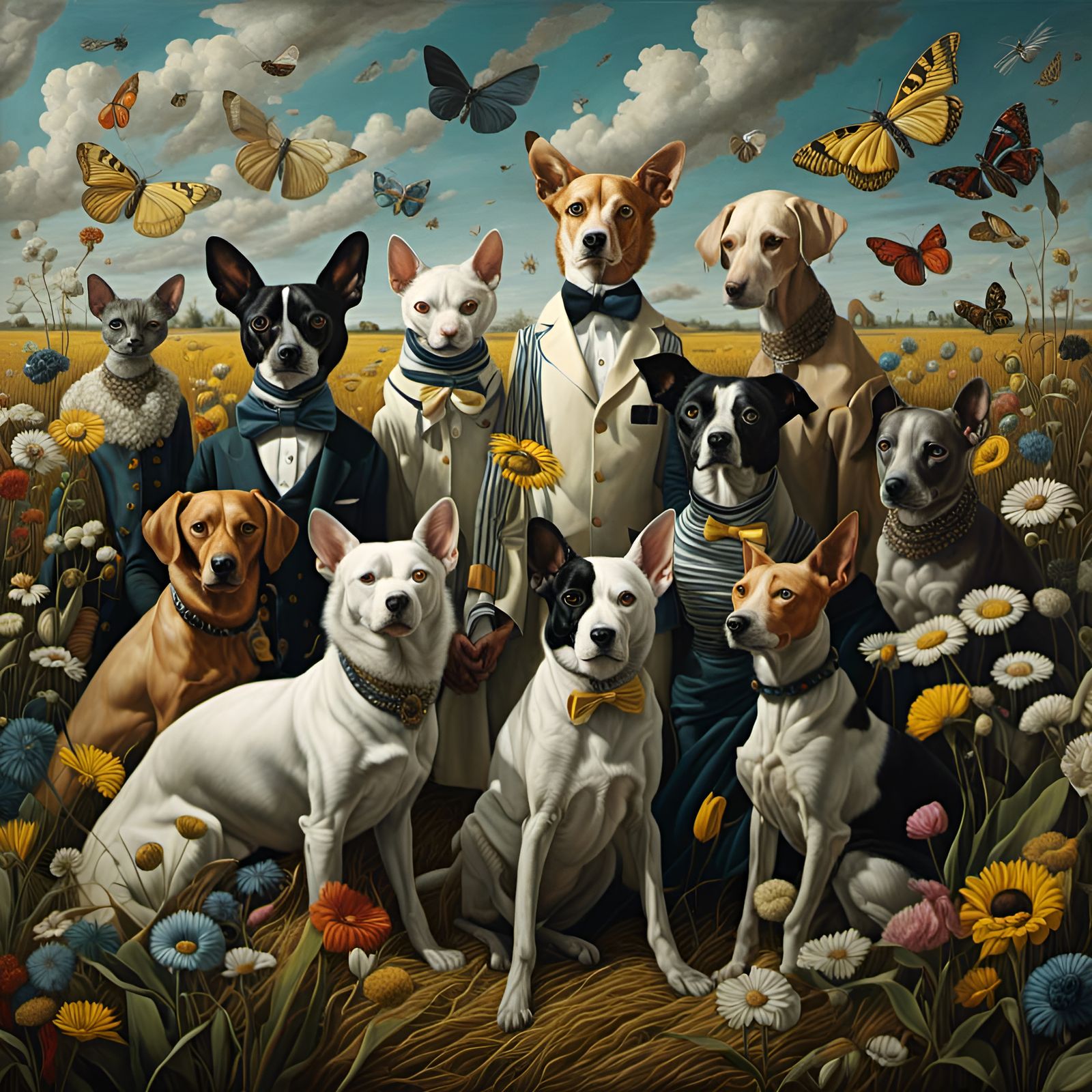 Cats and Dogs Play in a Field