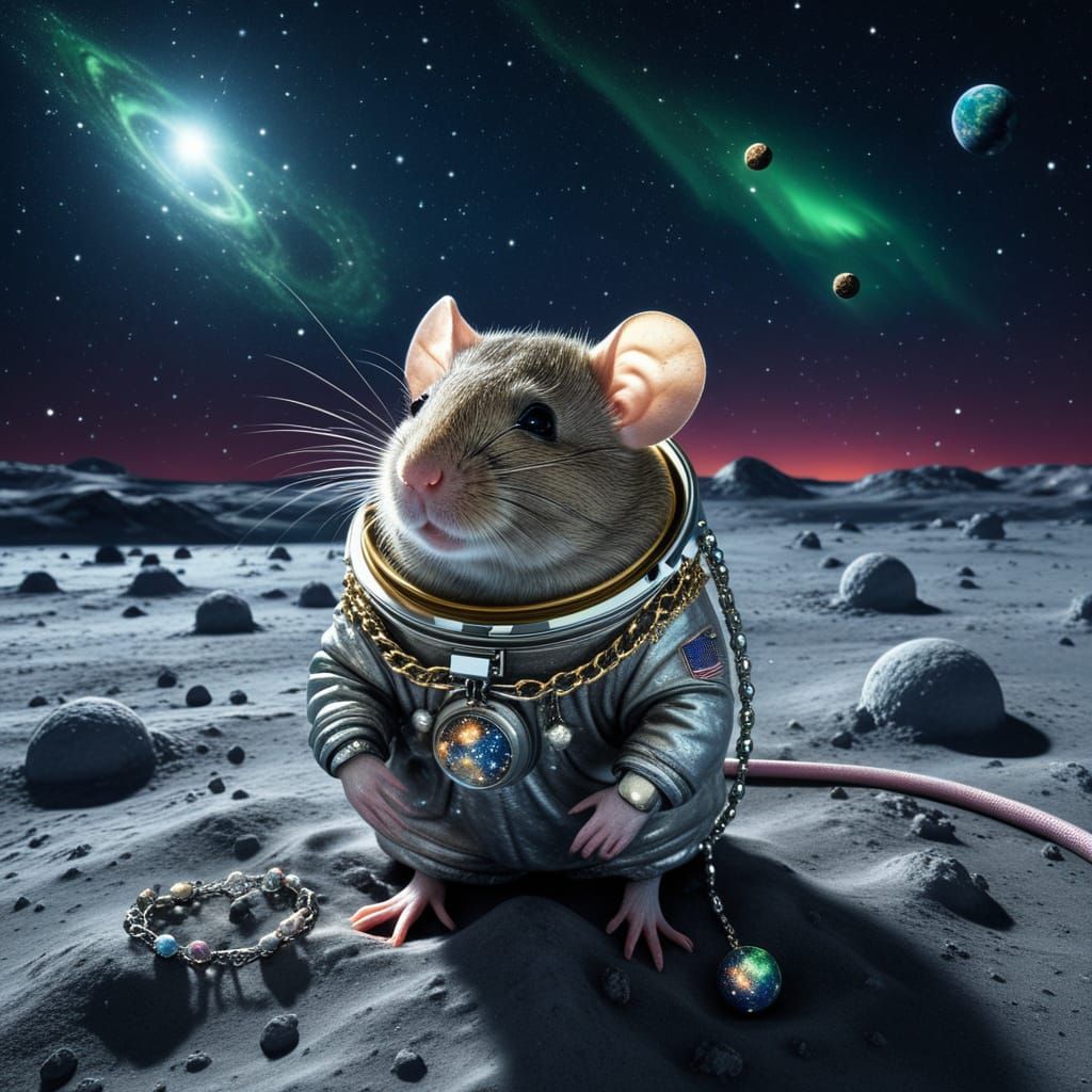 Hyperrealistic Mouse Adorns Moon with Glowing Jewelry