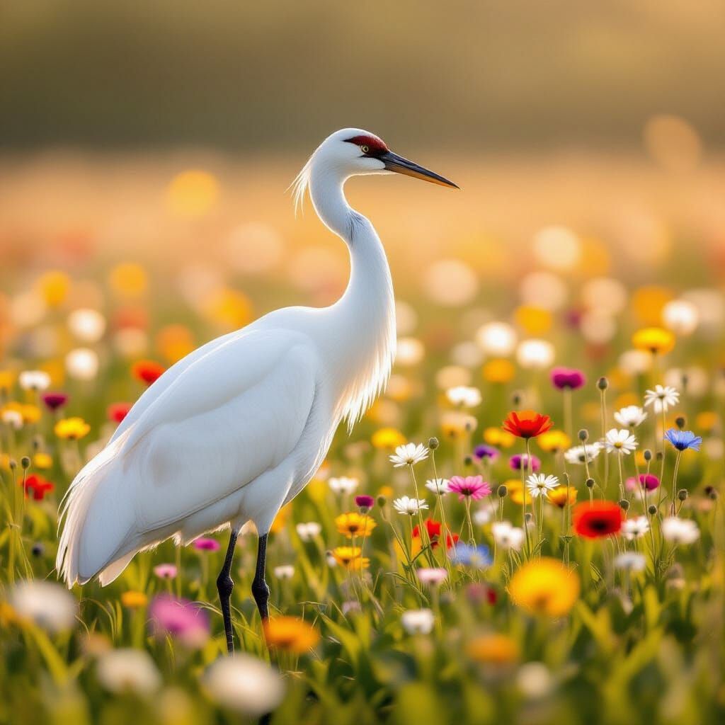 Majestic White Crane in Vibrant Flower Field