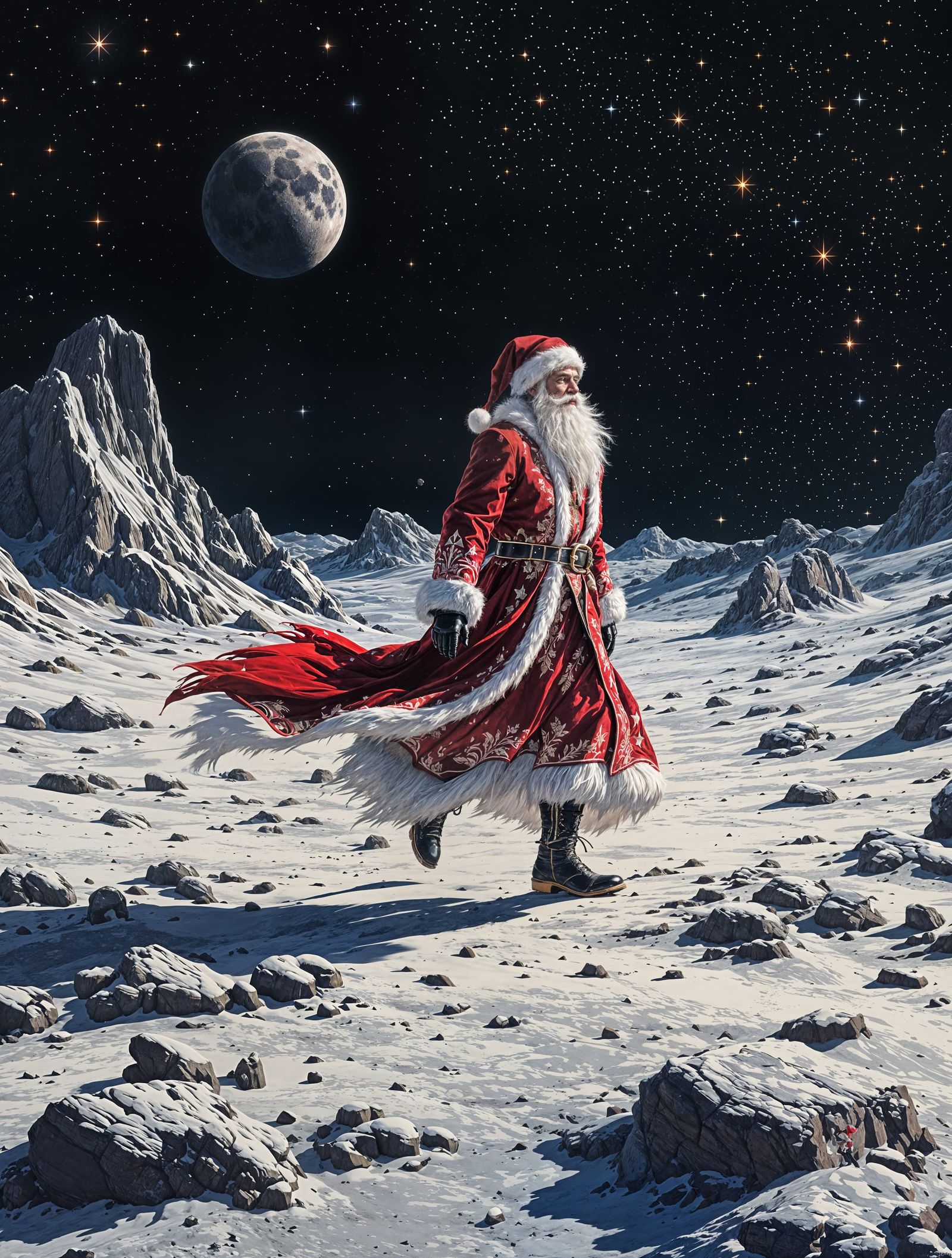 Mystical Santa Explores the Lunar Surface in 8-Bit Pixel Art