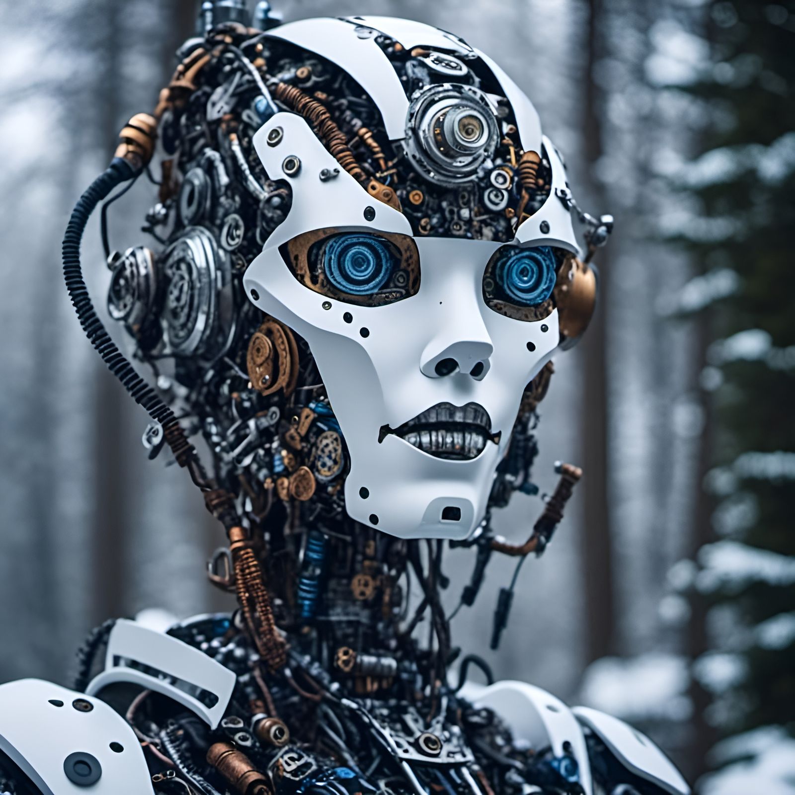 Cyberpunk Robot Snowman Portrait in Winter Forest