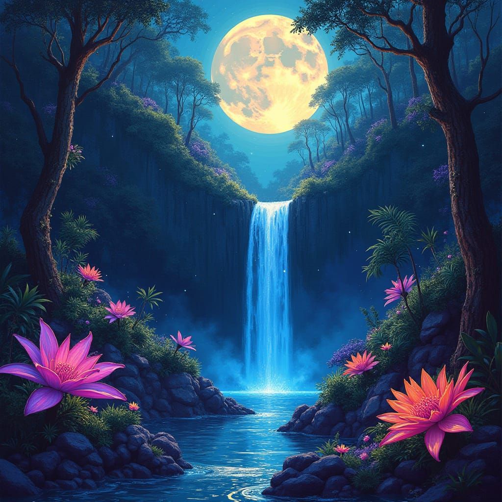 Moonlit Waterfall in Bioluminescent Fantasy Jungle