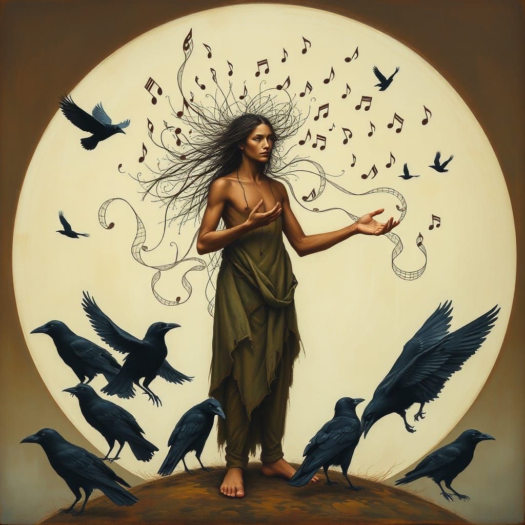 Surreal Figure Creates Music Amidst Crows