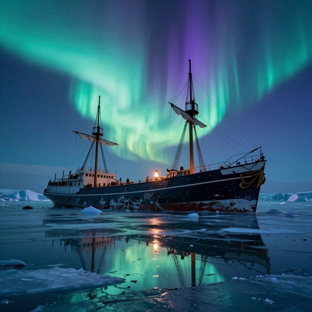 Shipwreck Under Aurora in Arctic Bay