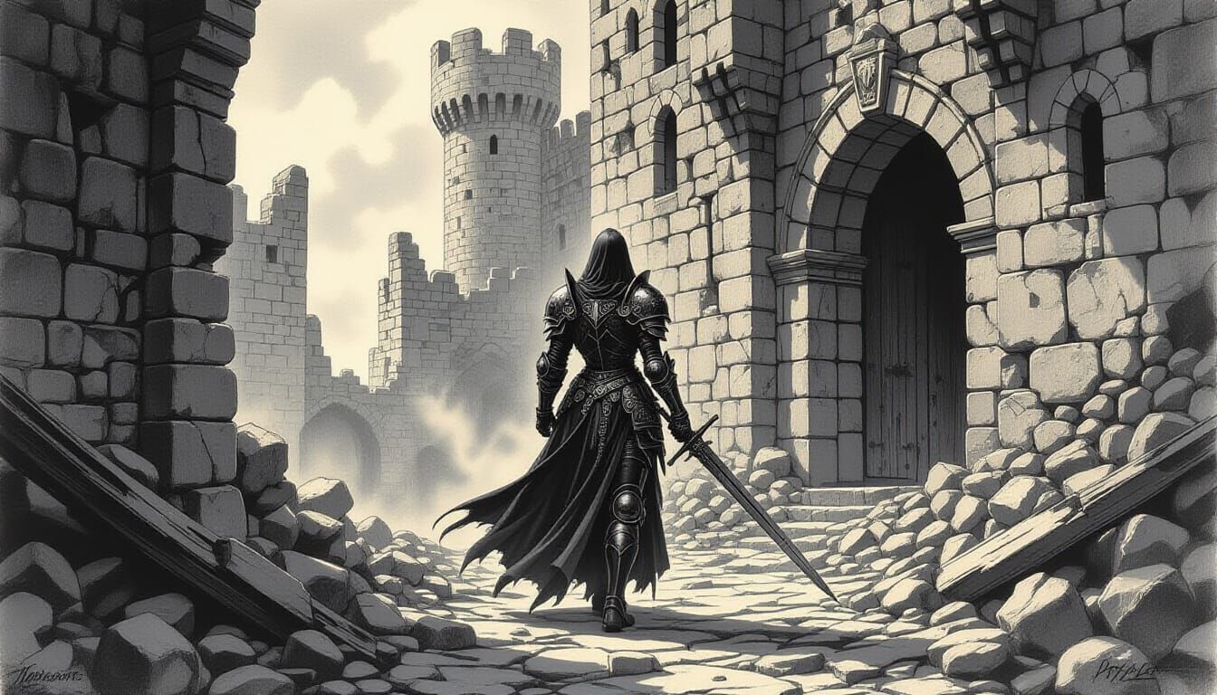 Lone Knight in Castle Ruins, Charcoal Drawing