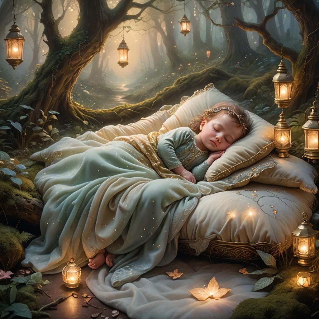 Baby Sleeping in Mystical Forest, Ethereal Art