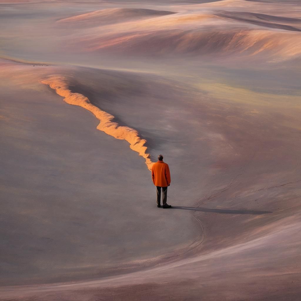 Existential Surrealism: Lone Figure in Desolate Landscape