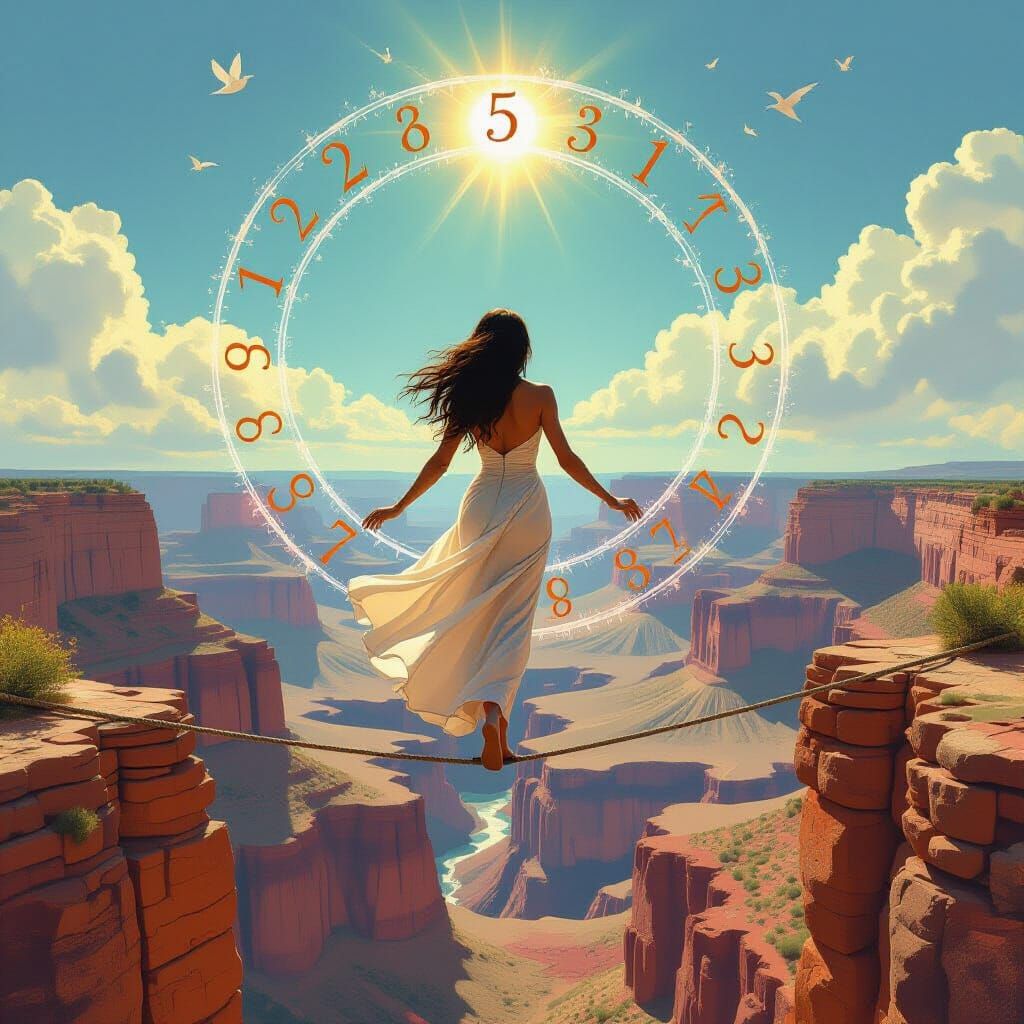 Latina Woman on Tightrope Above Canyon, Mystical Floating Nu...