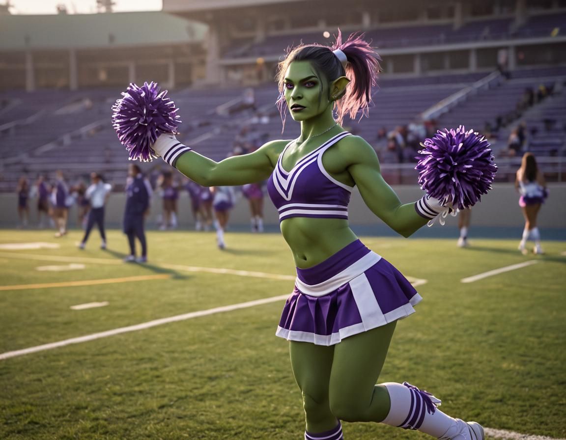 Orc Cheerleader in Impressionistic Hyper-Realism Style