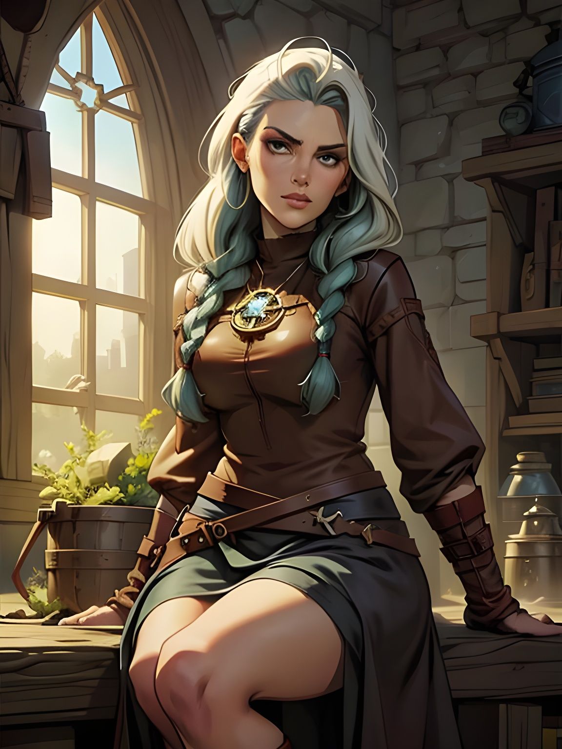 Female Druid with Holy Medallion in Cartoon Style