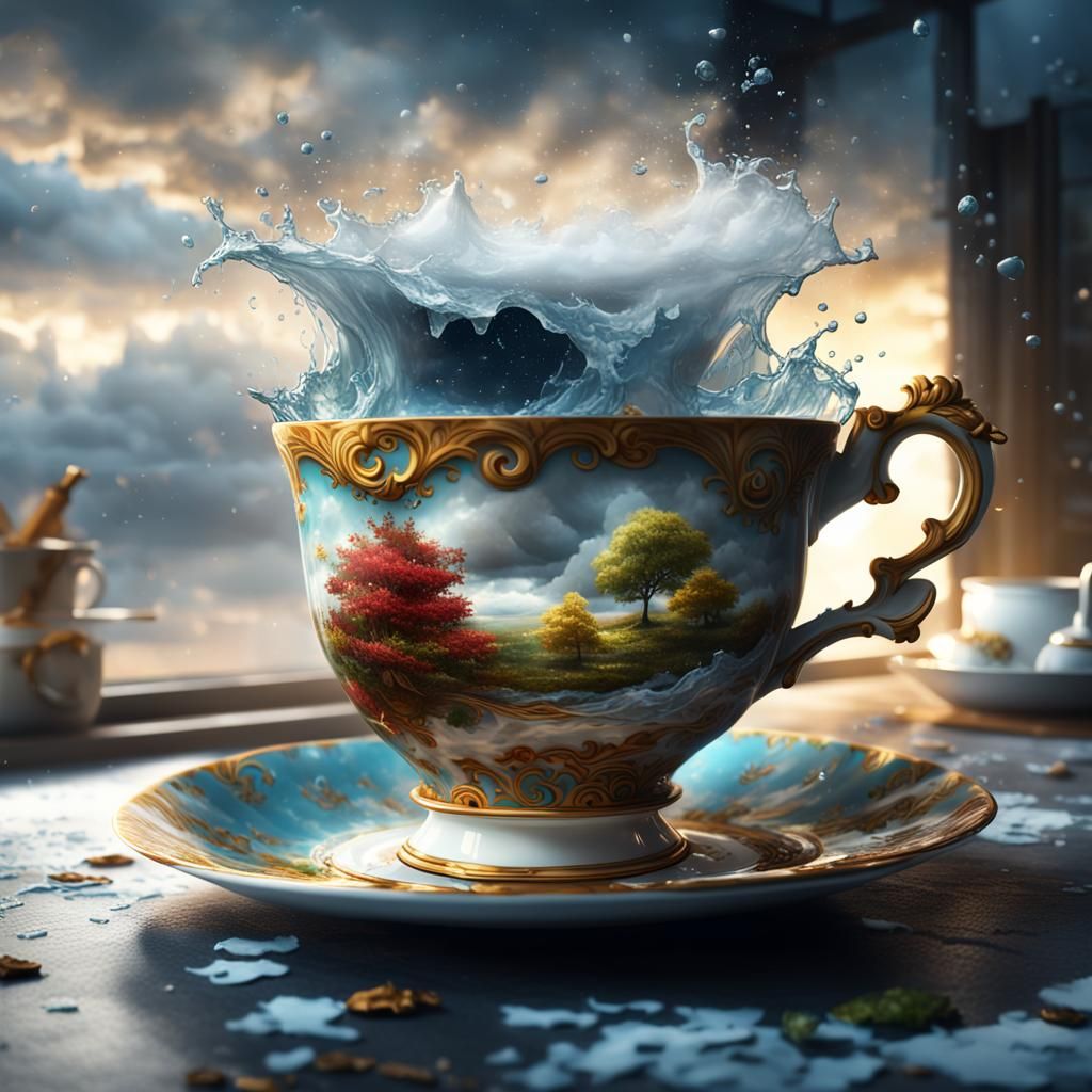 Stormy Tea in Teacup: Detailed Matte Painting