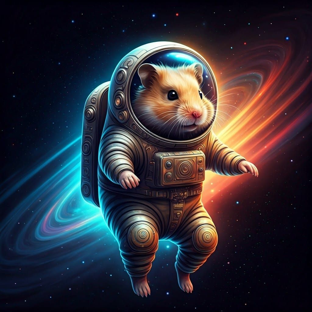 Hamster Astronaut in Starry Galaxy, Holographic Illustration